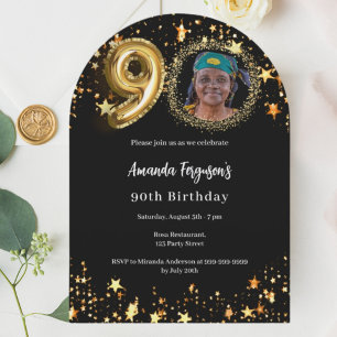 Black gold photo stars 90th birthday arch invitation