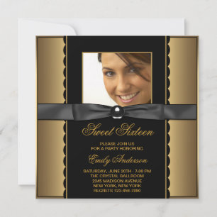 Black Gold Photo Sweet 16 Party Invitation