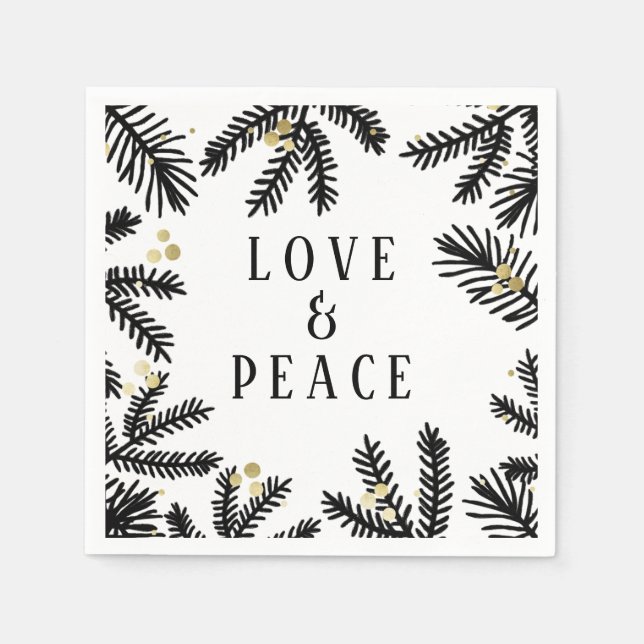 Black & Gold Pine and Berries Holiday Napkin (Front)