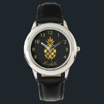 Black gold pineapple name script elegant watch<br><div class="desc">Elegant,  modern faux gold pineapple on a chic black background. Template for your name,  golden curved letters.  The name is written with a trendy hand lettered style script. Golden numbers from 8 to 4.</div>