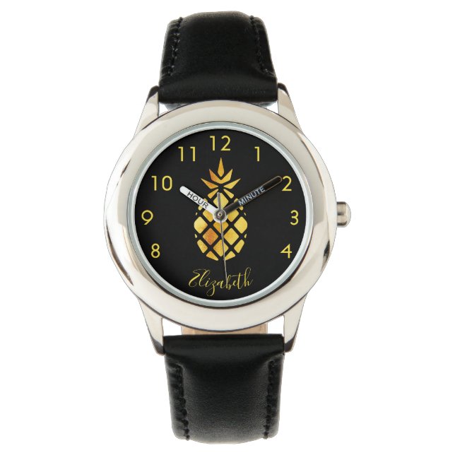Black gold pineapple name script elegant watch (Front)