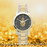 Black gold pineapple name script elegant watch<br><div class="desc">Elegant,  modern faux gold pineapple on a chic black background. Template for your name,  golden curved letters.  The name is written with a trendy hand lettered style script. Golden numbers from 8 to 4.</div>