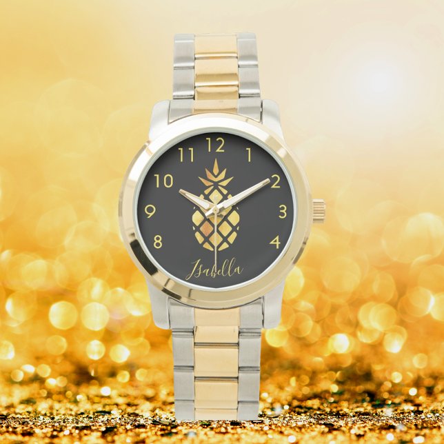 Black gold pineapple name script elegant watch (Creator Uploaded)