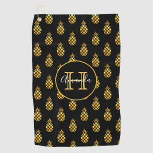 Black gold pineapples name monogram family golf towel