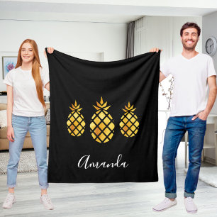 Black gold pineapples name script modern fleece blanket