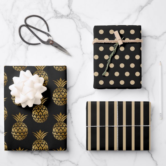 Black Gold Pineapples Polka Dots Stripes Solid  Wrapping Paper Sheet (Front)