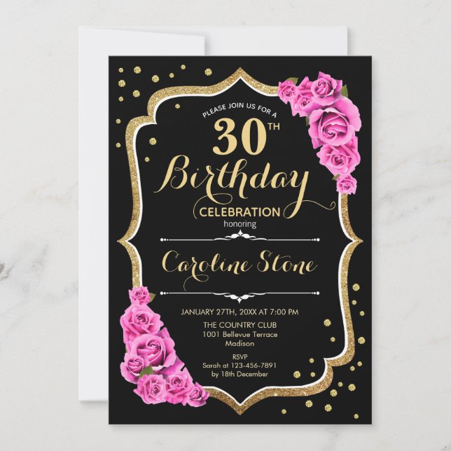 Black Gold Pink 30th Birthday Invitation (Front)