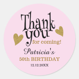 Black Gold Pink 50th Birthday Thank You Favour  Classic Round Sticker