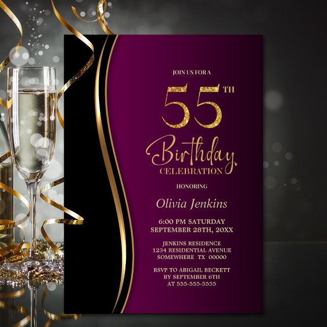 Black Gold Pink 55th Birthday Party Invitation (Creator Uploaded)
