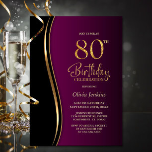 Black Gold Pink 80th Birthday Party Invitation