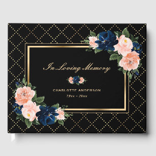 Black Gold Pink Blue Floral Funeral Memorial Guest Book