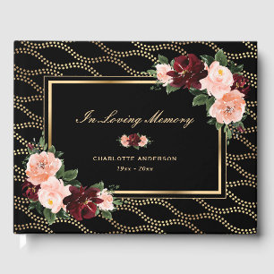 Black Gold Pink Burgundy Floral Funeral Memorial Guest Book