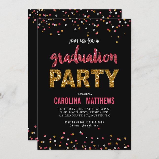 Black Gold Pink Confetti Graduation Party Invite (Front/Back)