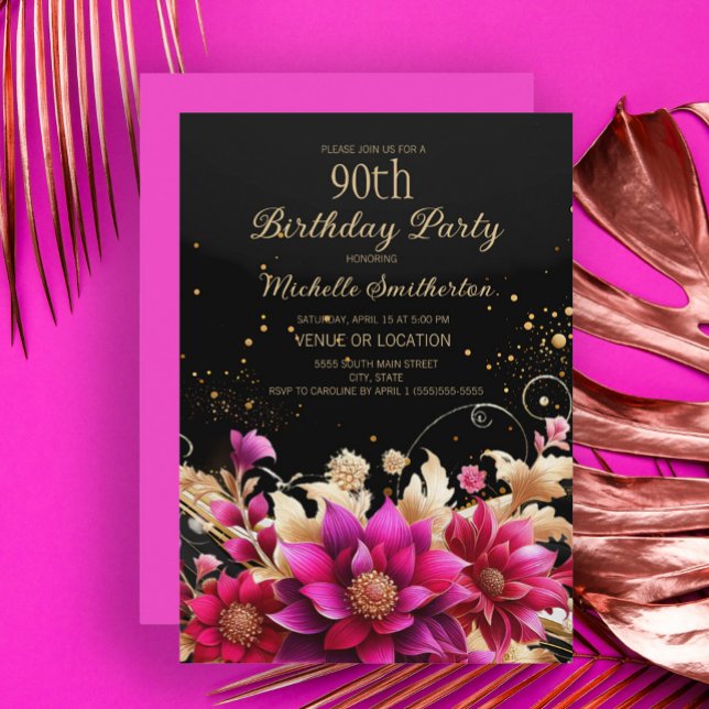 Black Gold Pink Floral 90th Birthday Party Invitation (Black, fuchsia, gold floral 90th birthday party invitation)