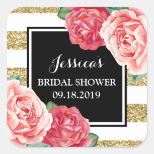 Black Gold Pink Floral Bridal Shower Favour Tag