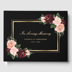 Black Gold Pink Floral Memorial Funeral Guest Book