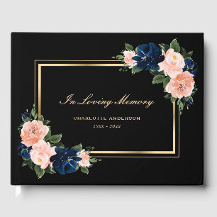 Black Gold Pink Floral Memorial Funeral Guest Book