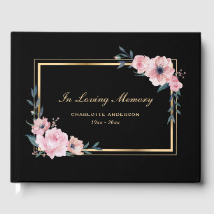 Black Gold Pink Floral Memorial Funeral Guest Book