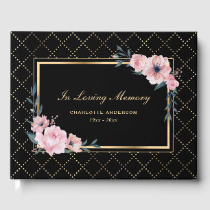 Black Gold Pink Floral Memorial Funeral Guest Book