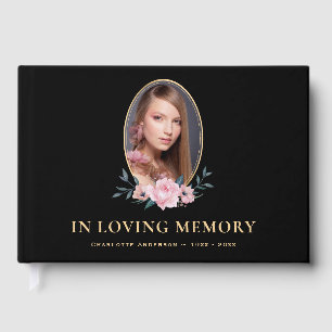 Black Gold Pink Floral Photo Funeral Memorial Guest Book