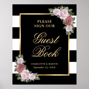 Black Gold Pink Floral Wedding Guest Book Sign