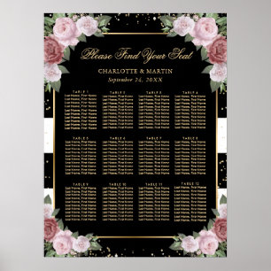 Black Gold Pink Floral Wedding Seating Chart 12