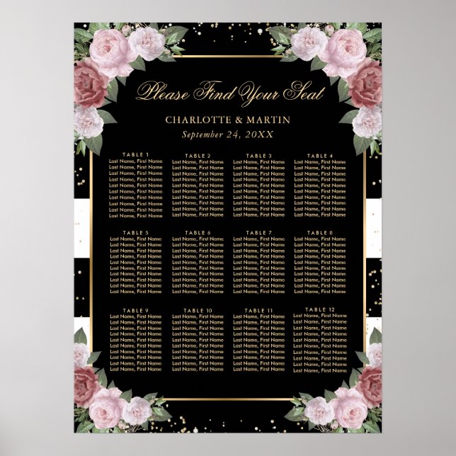 Black Gold Pink Floral Wedding Seating Chart 12 (Front)
