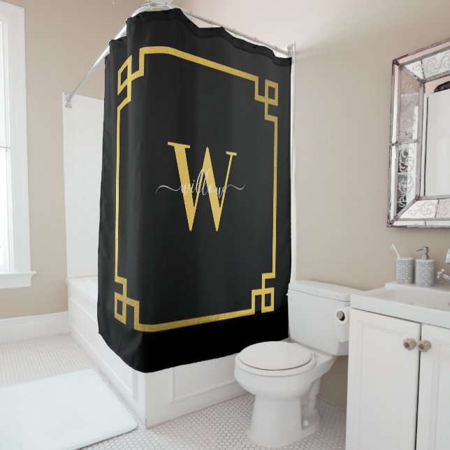 Black & Gold Pink Greek Key Monogrammed  Shower Curtain (In Situ)