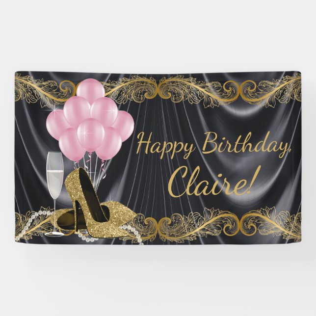 Black Gold Pink High Heel Shoe Birthday Banner (Horizontal)