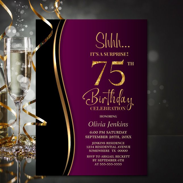 Black Gold Pink Surprise 75th Birthday Invitation (Creator Uploaded)