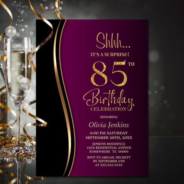 Black Gold Pink Surprise 85th Birthday Invitation (Creator Uploaded)