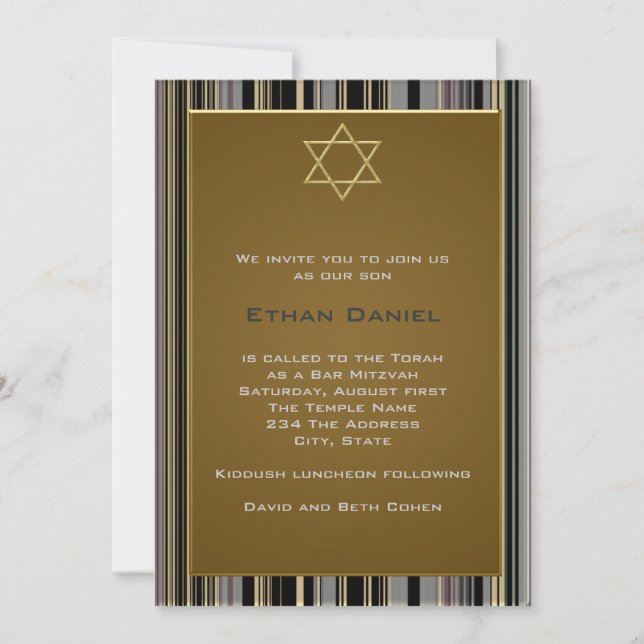 Black Gold Pinstripe Star of David Bar Mitzvah Invitation (Front)