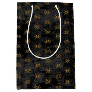 Black Gold Pirate Skull and Bones Pattern Medium Gift Bag