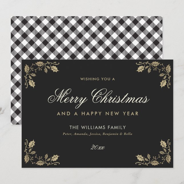 Black Gold Plaid Christmas Happy New Year Cards (Front/Back)
