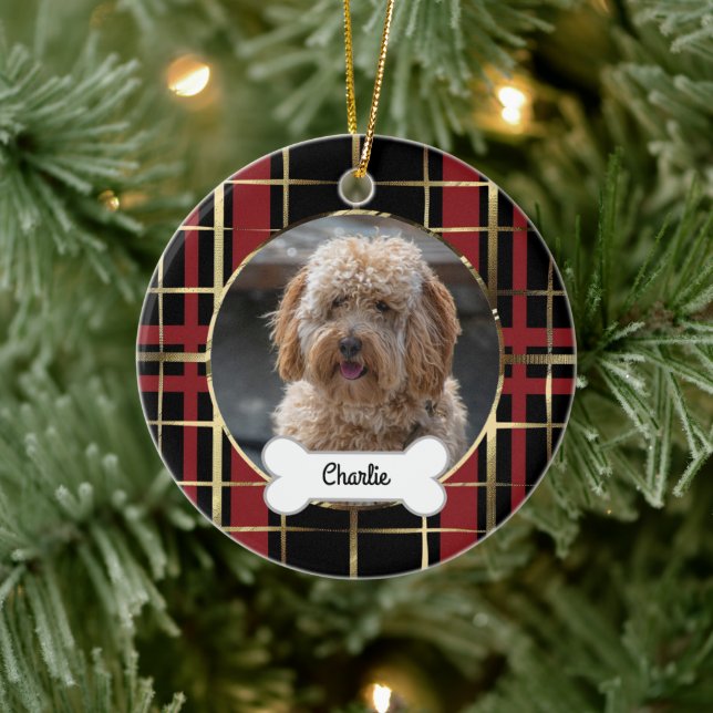 Black Gold Plaid Custom Pet Puppy Dog Photo Ceramic Tree Decoration (Tree)