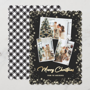 Black Gold Plaid Photo Collage Merry Christmas Holiday Card