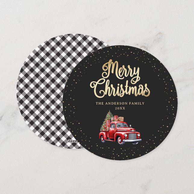 Black Gold Plaid Red Truck Merry Christmas Card (Front/Back)