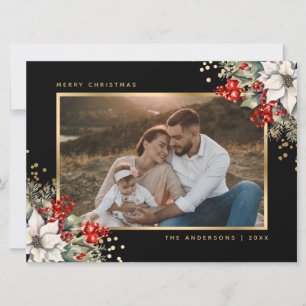 Black Gold Poinsettia Berries Photo Christmas Holiday Card