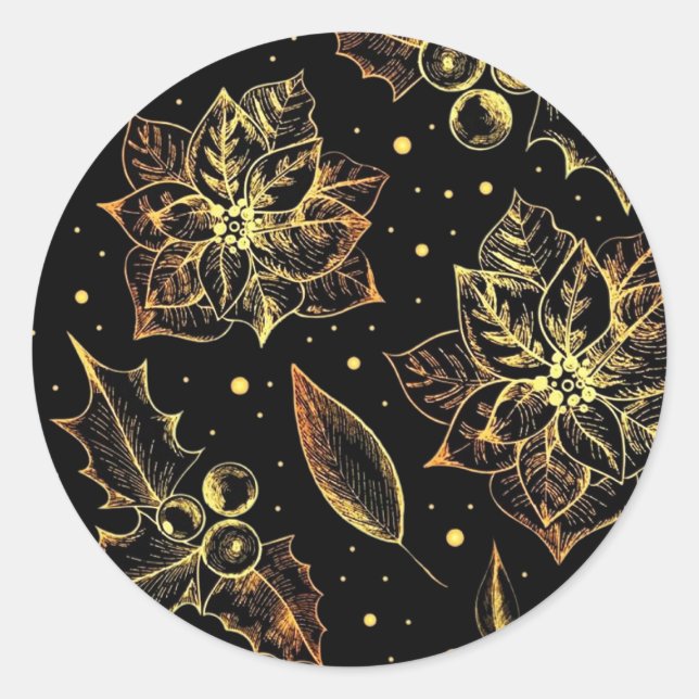 Black & Gold Poinsettias & Holly Classic Round Sticker (Front)