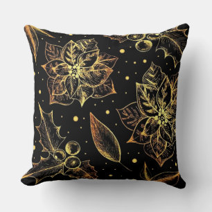 Black & Gold Poinsettias & Holly Cushion