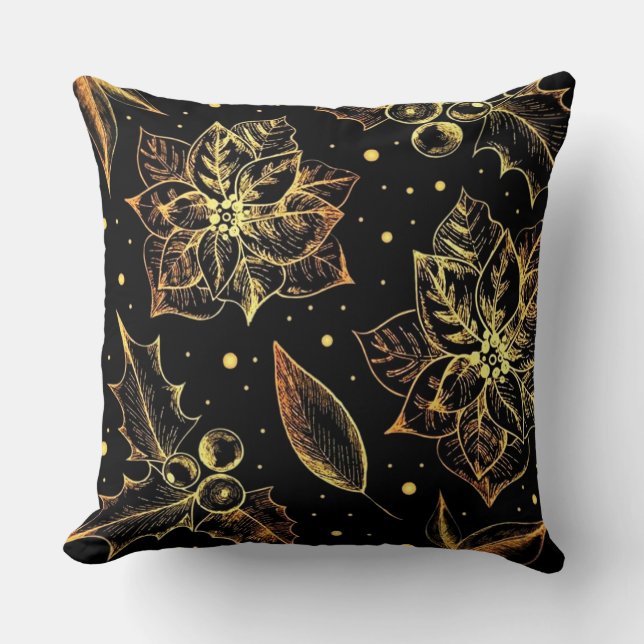 Black & Gold Poinsettias & Holly Cushion (Front)