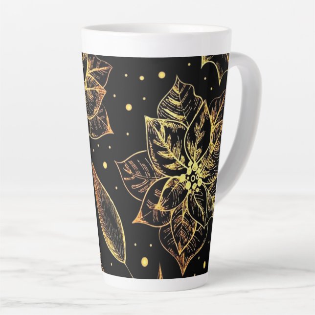Black & Gold Poinsettias & Holly Latte Mug (Right Angle)