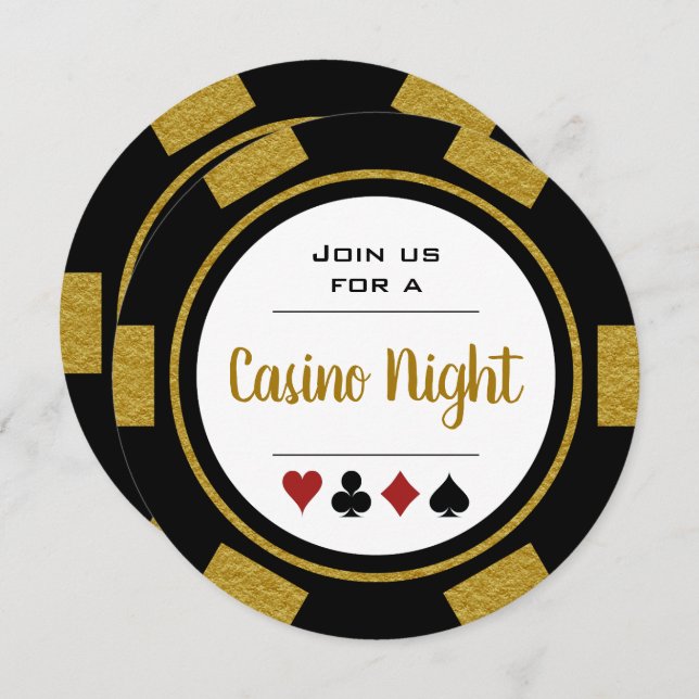 Black Gold Poker Chip Casino Night Birthday Invitation (Front/Back)
