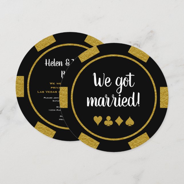 Black Gold Poker Chip Las Vegas Wedding Eloped Invitation (Front/Back)