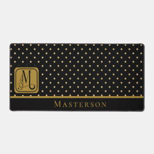Black & Gold Polka Dot Monogram with Last Name Desk Mat