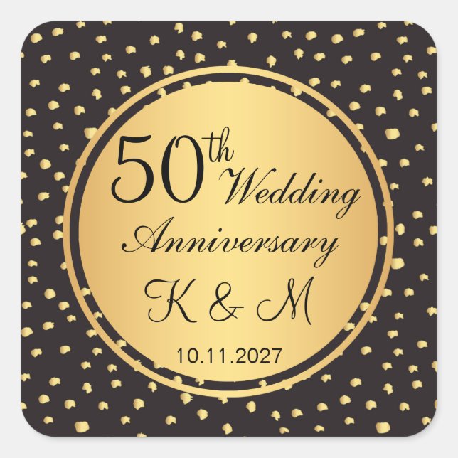 Black & gold polka dots 50th wedding Anniversary Square Sticker (Front)