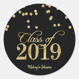 Black & Gold Polka-dots Glitter Class of 2019 Classic Round Sticker