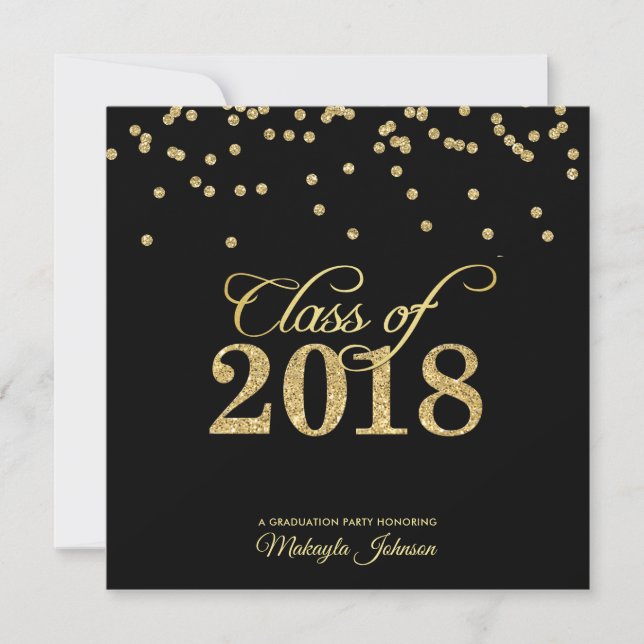 Black & Gold Polkadot Glitter Class of 2018 Party Invitation (Front)