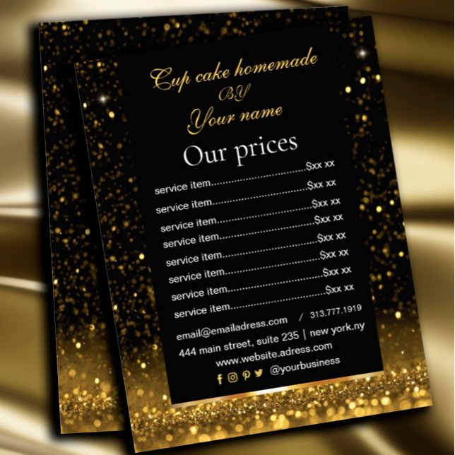 Black & Gold Price  List Service Sparkly  Flyer (#zazzlemade #glittergol #pricelist #goldflyer #hairstyle #nailstyle #makeupartist)