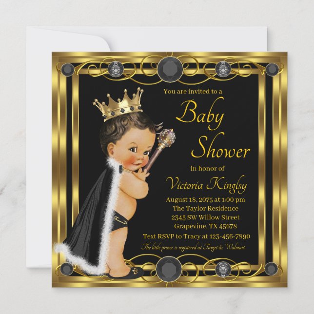 Black Gold Prince Jewel Baby Shower Invitation (Front)